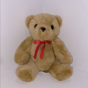 Vintage IKEA Classic Tan Teddy Bear with Red Bow With Moveable Joints